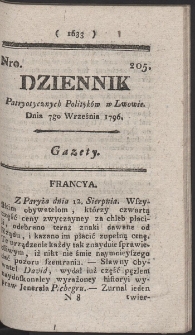 Dziennik Patryotycznych Politykow w Lwowie. R. 1796 Nr 205