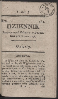 Dziennik Patryotycznych Politykow w Lwowie. R. 1796 Nr 281