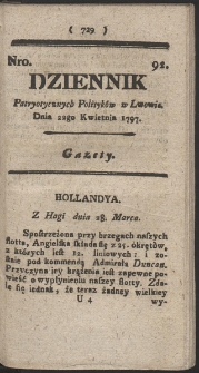 Dziennik Patryotycznych Politykow w Lwowie. R. 1797 Nr 92