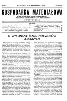 Gospodarka Materiałowa : czasopismo dla spraw zaopatrzenia i zagadnień gospodarowania materiałami, Rok V, 16-31 października 1953, nr 20 (65)