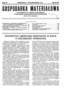 Gospodarka Materiałowa : czasopismo dla spraw zaopatrzenia i zagadnień gospodarowania materiałami, Rok VI, 1-15 października 1954, nr 19 (89)