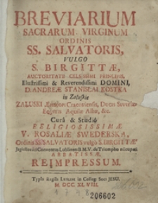 Breviarium Sacrarum Virginum Ordinis SS. Salvatoris Vulgo S. Birgittae [&hellip;] Reimpressum
