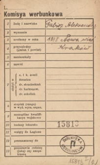 [Legiony Polskie. Komisja werbunkowa. Kartoteka superarbitrowych i zwolnionych legionistów z lat 1914-1918 sporządzona przez Centralny Urząd Ewidencyjny Legionów Polskich przy Departamencie Wojskowym Naczelnego Komitetu Narodowego i Centralny Urząd Ewidencyjny Polskiego Korpusu Posiłkowego. Pudlo 2: Lit. F-Ko.]
