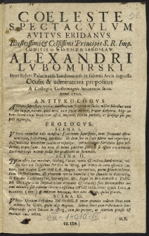 Coeleste Spectaculum Avitus Eridanus [...] Alexandri Lubomirski [...]