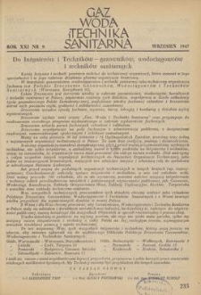 Gaz, Woda i Technika Sanitarna. R. XXI, wrzesień 1947, nr 9