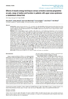 Eﬀects of muscle energy techniques versus corrective exercise programme on pain, range of motion and function in patients with upper cross syndrome: a randomised clinical trial