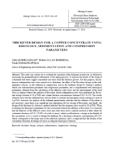 Thickener design for a copper concentrate using rheology, sedimentation and compression parameters