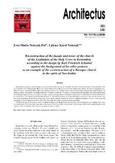 Reconstruction of the fa&ccedil;ade and tower of the churchof the Exaltation of the Holy Cross in Kostomłoty according to the design by Karl Friedrich Schinkel against the background of his other projects as an example of the reconstruction of a Baroque church in the spirit of Neo-Gothic