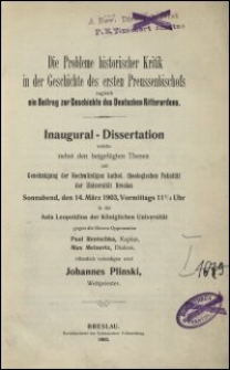 Die Probleme historischer Kritik in der Geschichte des ersten Preussenbischofs : zugleich ein Beitrag zur Geschichte des Deutschen Ritterordens
