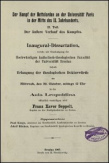 Der Kampf der Bettelorden an der Universität Paris in der Mitte des 13. Jahrhunderts. T. 2, Der äußere Verlauf des Kampfes