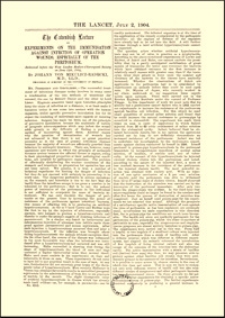 The Covendish lecture on experiments on the immunisation against infection of operation wounds, especially of the peritoneum, The Lancet, 1904, Vol. 82, part II, p. 1-4