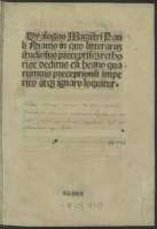 Dyalogus Magistri Pauli Niauis, in quo litteraru[m] studiosus preceptisq[ue] rethorice deditus cu[m] beano quarumuis preceptionu[m] imperito atq[ue] ignaro loquitur