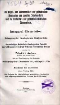 Die Engel- und Dämonen Lehre der griechischen Apologeten des zweiten Jahrhunderts und ihr Verhältnis zur griechisch-römischen Dämonologie