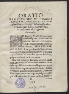 Oratio [...] Stanislai Carncowski [...] Comitiis Varsaviensibus Anno 1570 in Senatu habita, qua exponuntur et explicantur acta Legationis Gedansnsis