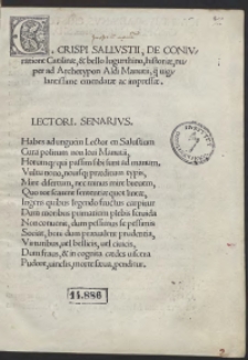 Crispi Sallustii De Coniuratione Catilinae et bello Iugurthino historiae nuper ad Archetypon Aldi Manutii q[uam] vigilantissime emendatae ac impressae