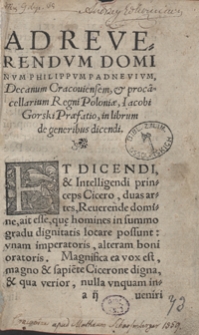 Iacobi Gorski De Generibus Dicendi liber, adolescenti dicendi studioso opus et utile et necessarium