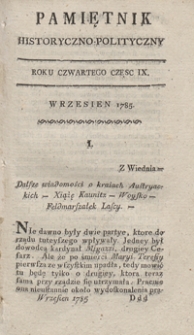 Pamiętnik Historyczno-Polityczny Przypadk&oacute;w, Ustaw, Os&oacute;b, Miejsc i Pism wiek nasz szczeg&oacute;lnie interesujących. R.1785 T.3 (Wrzesień)