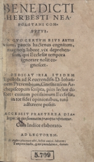Benedicti Herbesti Neapolitani Computus Ex Quo Certum Eius Artis usum paucis hactenus cognitum, magnoq[ue] labore vix deprehensum, qui Ecclesiae tempora ignorare nolit cognoscet [...]. - Ed. A.
