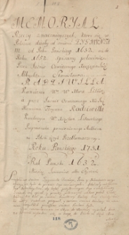 Memaryał rzeczy znaczniejszych, które się w Polszcze działy od śmierci Zygmunta III od roku pańskiego 1632 aż do roku 1652 (1653) spisany po łacinie przez Jaśnie Oświeconego Xiążęcia JMci Albrychta Stanisława Radziwiłła, kanclerza wielkiego W. X. Litewskiego, a przez Jaśnie Oświeconego Xiążęcia JMci Hieronima Floryana Radziwiłła, kanclerza W. Xięstwa Litewskiego, praprawnuka pomienionego autora, na polski język przetłumaczony roku pańskiego 1731