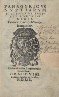 Panagyricus Nuptiarum Sigimundi Augusti Poloniae Regis. Priore correctior et longe locupletior. - Wyd. B war. b