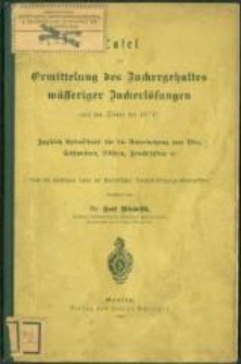 Tafel zur Ermittelung des Zuckergehaltes wässeriger Zuckerlösungen aus der Dichte bei 15° C : zugleich Extrakttafel für die Untersuchung von Bier, Süßweinen, Likören, Fruchtsäften etc. : nach der amtlichen Tafel der Kaiserlichen Normal-Aichungs-Kommission