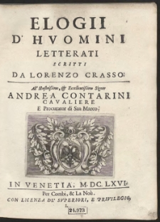 Elogii D’Huomini Letterati / Scritti Da Lorenzo Crasso […] [P.1-2]