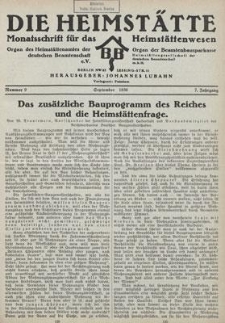 Die Heimst&auml;tte : Monatsschrift f&uuml;r das Heimst&auml;ttenwesen. 7. Jahrgang, September 1930, Nummer 9
