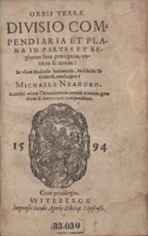 Orbis Terrae Divisio Compendiaria Et Plana In Partes Et Regiones suas praecipuas veteres et novas [...]