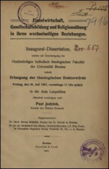 Einzelwirtschaft, Gesellschaftsbildung und Religionsübung in ihren wechselseitigen Beziehungen