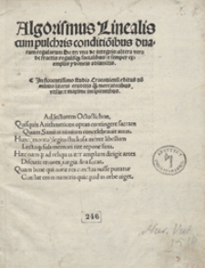 Algoritmus Linealis cum pulchris conditio[n]ibus duarum regularum De tri, una de integris, altera vero de fractis, regulisq[ue] socialibus et semper exemplis ydoneis adiunctis [...]