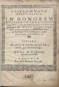 Epigrammata Gratulatoria In Honorem Nuptiarum [&hellip;] Simonis Seidleri [&hellip;] et Catharinae [&hellip;] Scripta [&hellip;]