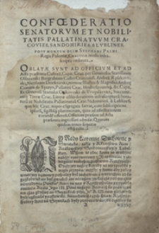 Confoederatio Senatorum Et Nobilitatis Pallatinatuum Cracovien[sis], Sandomirien[sis] et Lublinen[sis] Post Mortem Olim Stephani Primi Regis Poloniae Cracoviae modo infrascriptio ordinata. - [Wyd. B]